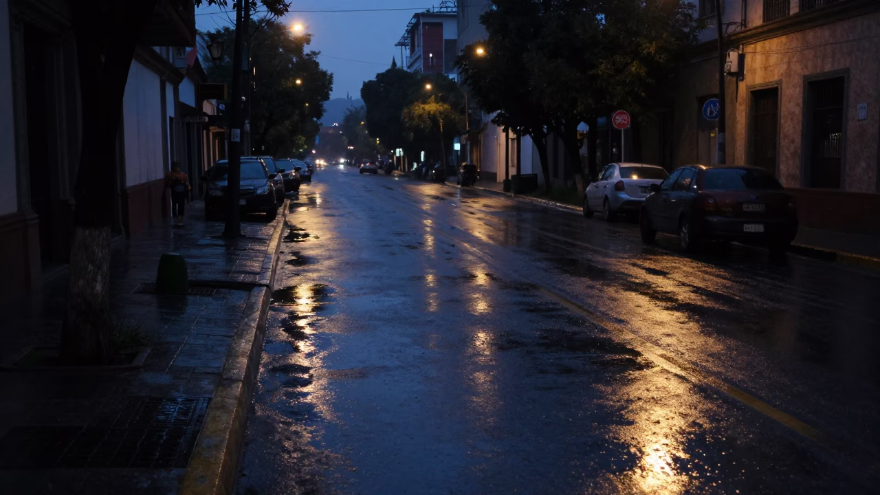 Predawn Mexico City Street Scene with Oil Sheen Rainwater and Urban Infrastructure in in Mexico City, Mexico