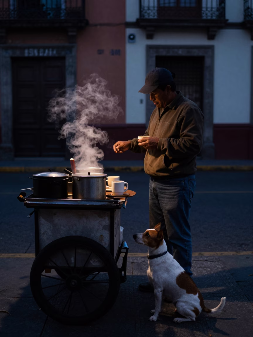 Predawn Mexico City Street Scene with Rat Terrier and Coffee Vendor in in Mexico City, Mexico
