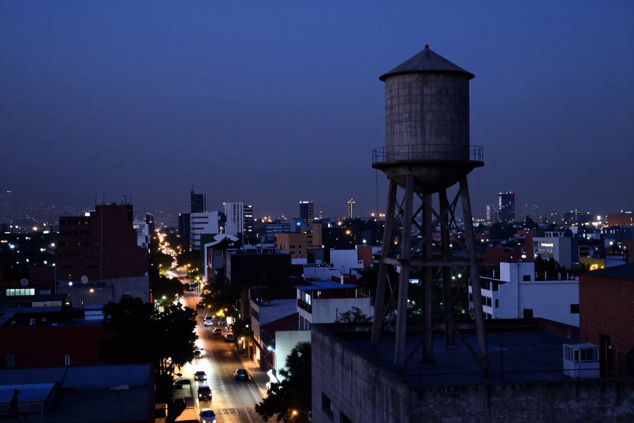 Predawn Mexico City Street Scene with Rooftop Water Tower and Early Morning Light in in Mexico City, Mexico