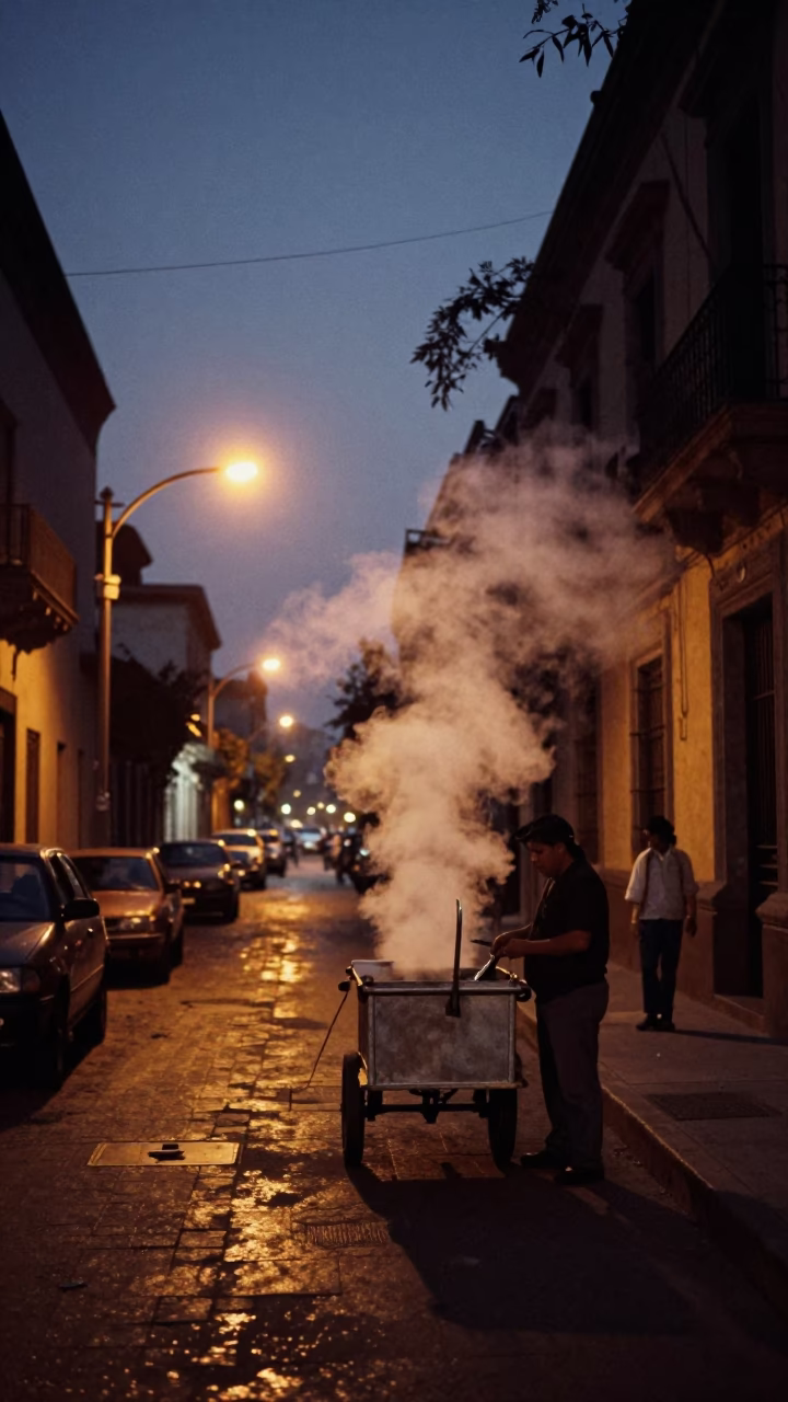 Predawn Mexico City Street Scene with Steam and Urban Details in in Mexico City, Mexico