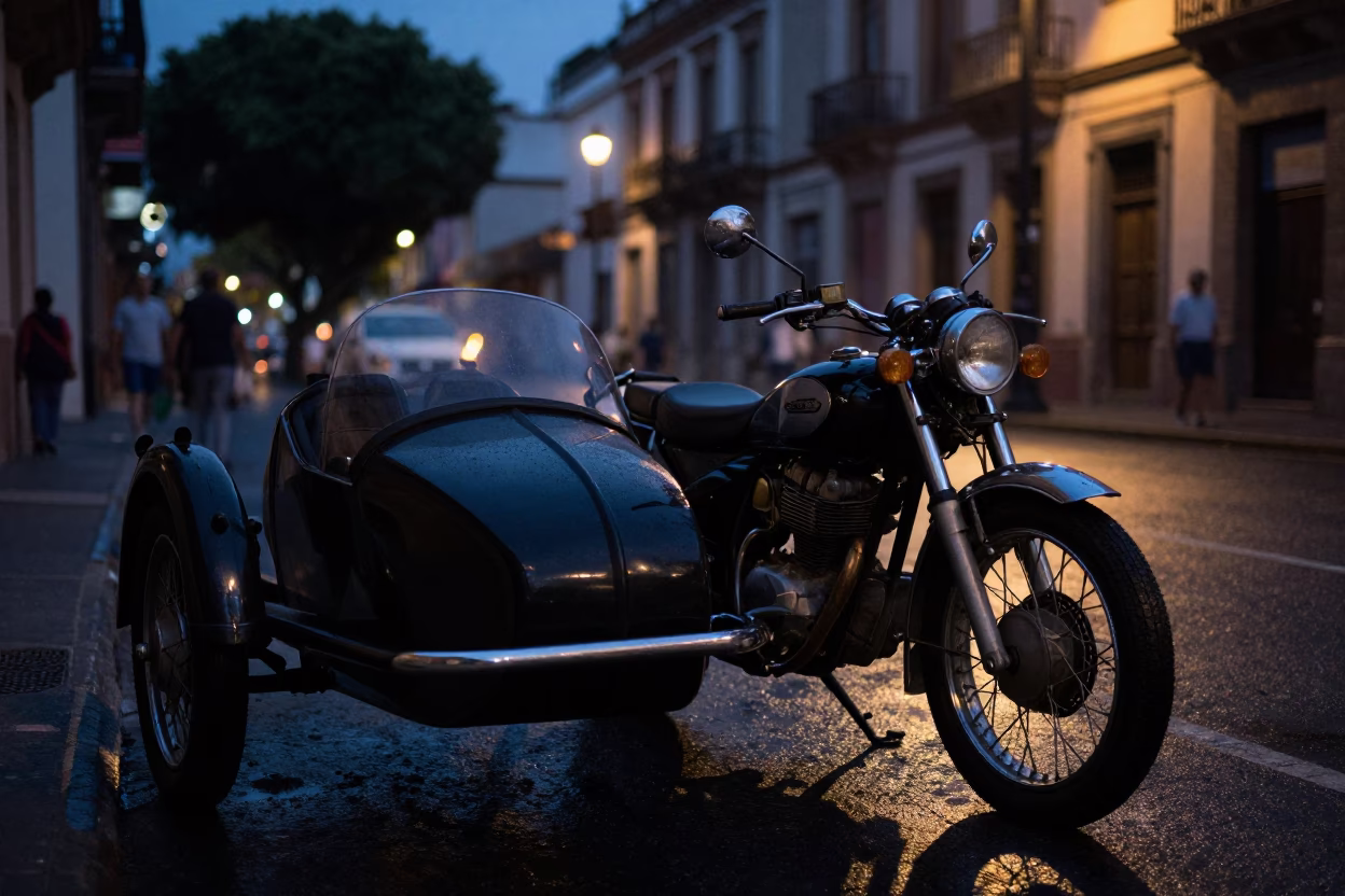 Predawn Mexico City Street Scene with Vintage Motorcycle and Sidecar Under Dim Streetlights in in Mexico City, Mexico