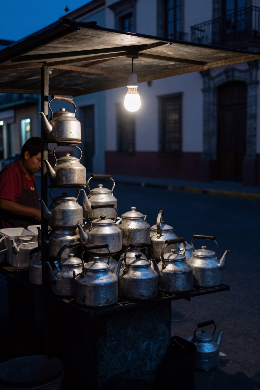 Predawn Mexico City Street Scene with Vintage Tea Kettles and Colorful Stalls in in Mexico City, Mexico