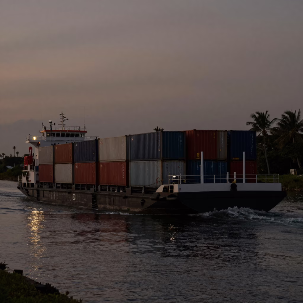 Predawn Miami Canal Barge Cargo Under Dark Sky in in Miami, Florida, United States