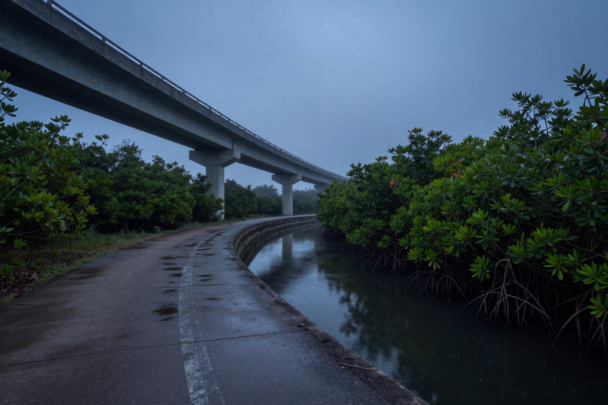 Predawn Miami Mangrove Channel with Mist and Wet Concrete Viaduct in in Miami, Florida, United States