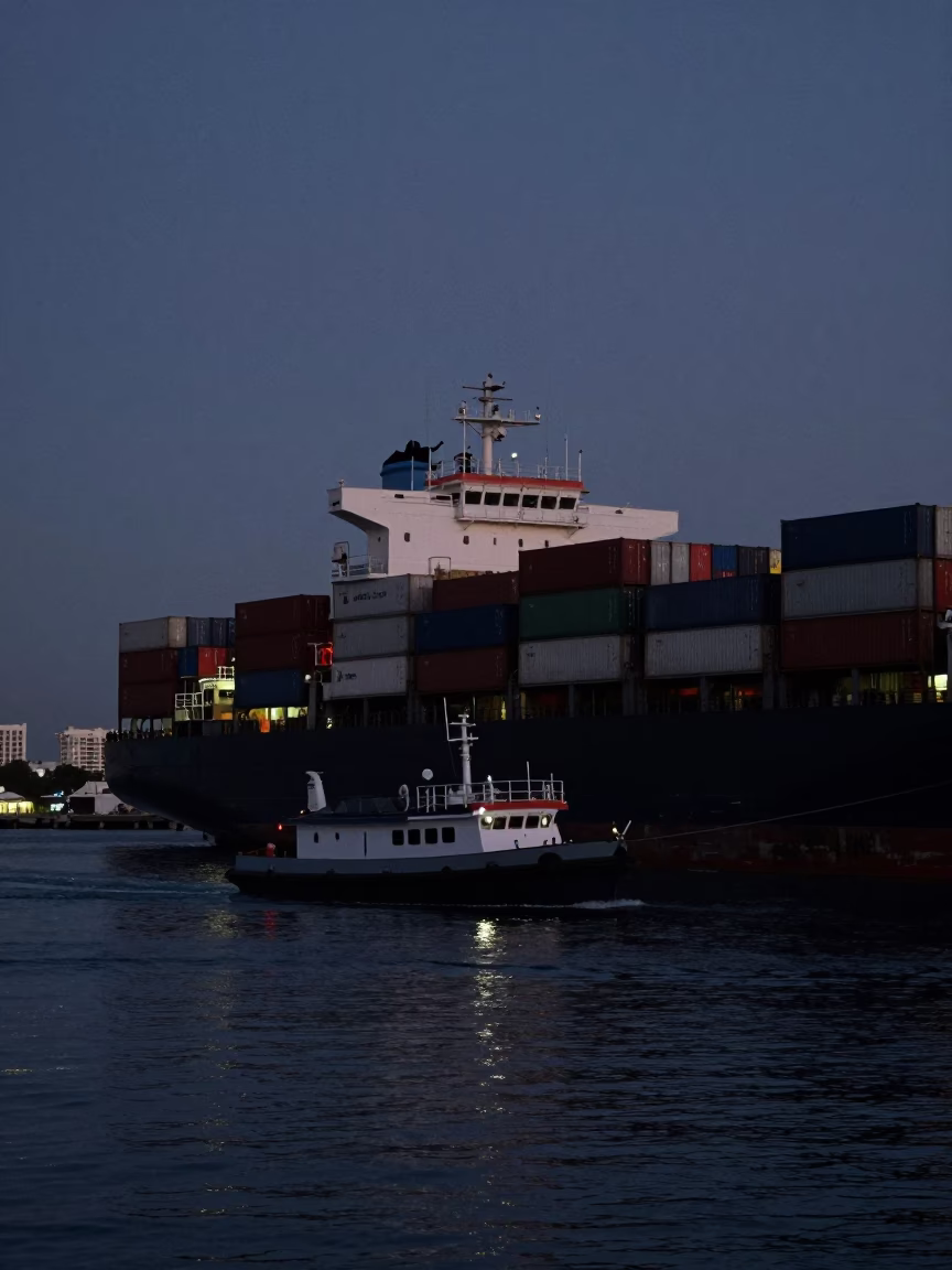 Predawn Miami Port Scene with Pilot Boat and Container Ship in Florida in in Miami, Florida, United States