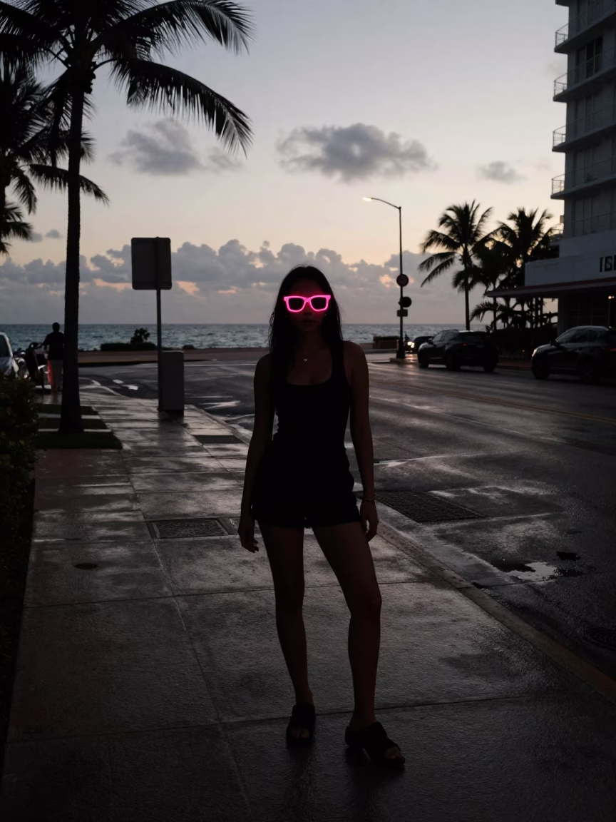 Predawn Miami Street Fashion Neon Glow High Contrast Urban Portrait in in Miami, Florida, United States