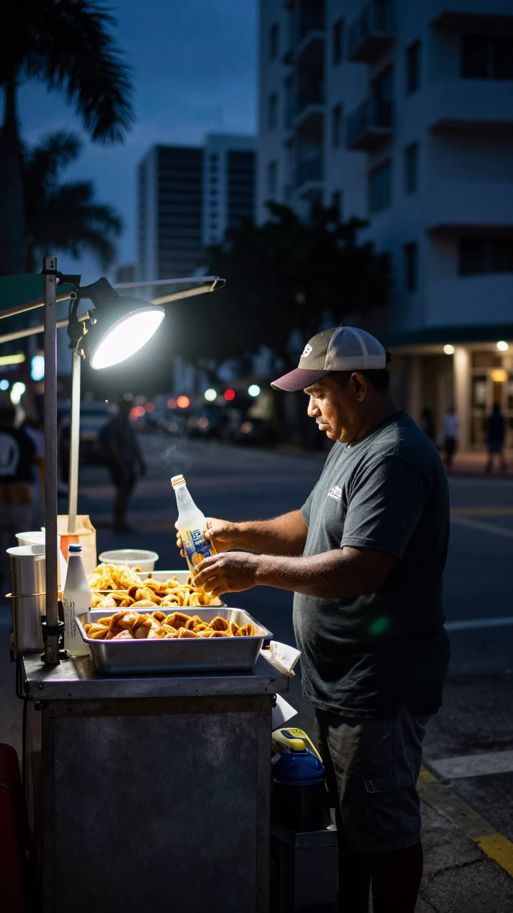 Predawn Miami Street Food Scene with Smudged Bottle and Grease Sheen in in Miami, Florida, United States