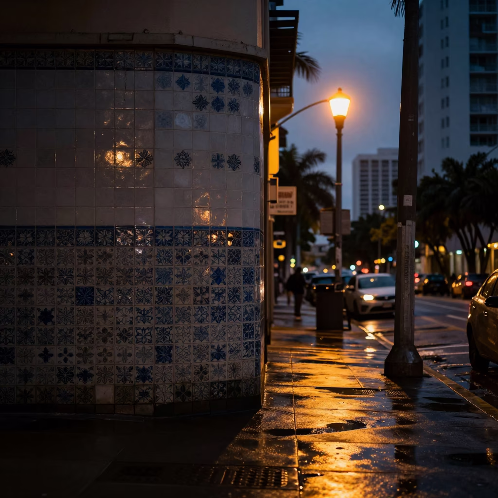 Predawn Miami Street Scene with Ceramic Tiles and Sun Stripe Reflection in in Miami, Florida, United States
