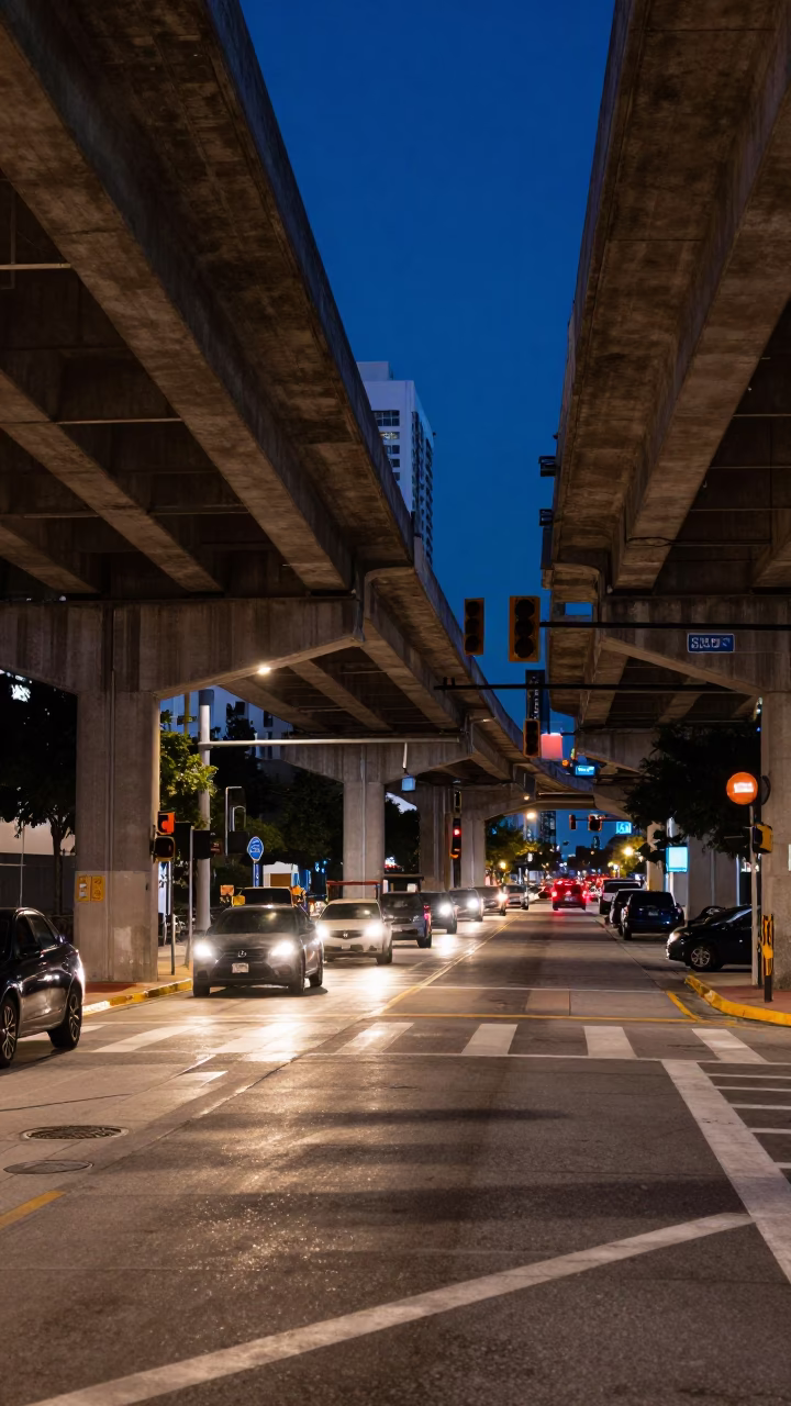 Predawn Miami Street Scene with Flyover Shadows and Urban Details in in Miami, Florida, United States