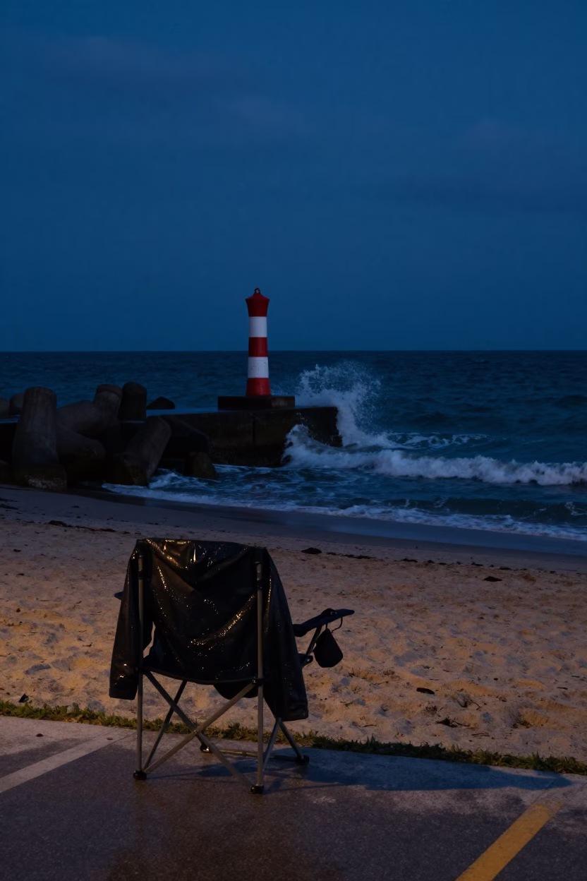 Predawn Miami Street Scene with Folding Chair and Raincoats Under Moonlit Surf in in Miami, Florida, United States