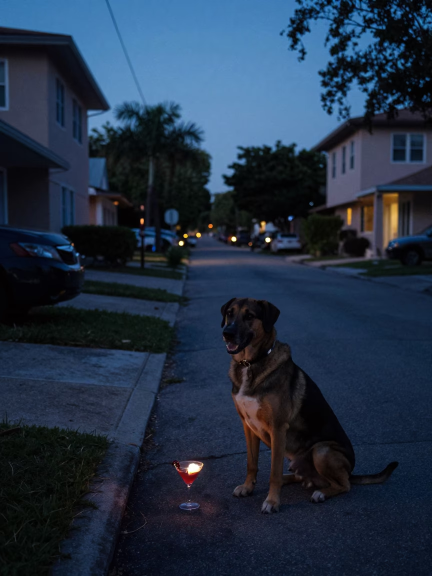 Predawn Miami Street Scene with Hovawart Dog and Cocktail Shaker in in Miami, Florida, United States