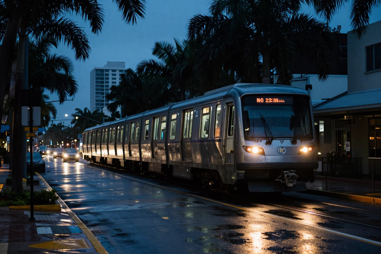 Predawn Miami Street Scene with Monorail and Urban Details in in Miami, Florida, United States
