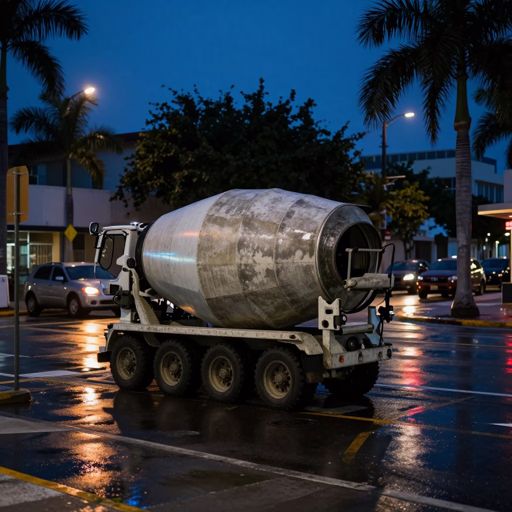 Predawn Miami Street Scene with Neon Reflections and Concrete Mixers in in Miami, Florida, United States
