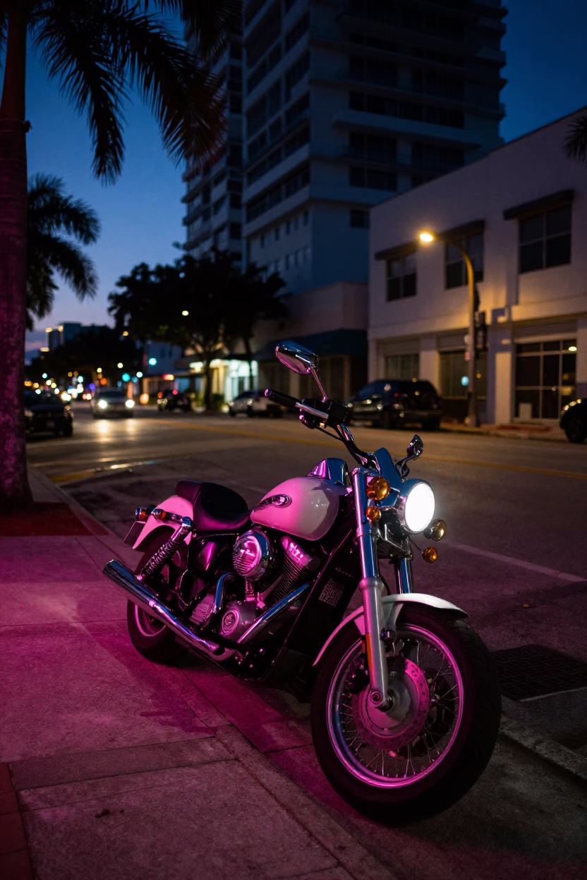 Predawn Miami Street Scene with Parked Motorcycle and Neon Reflections in Florida in in Miami, Florida, United States