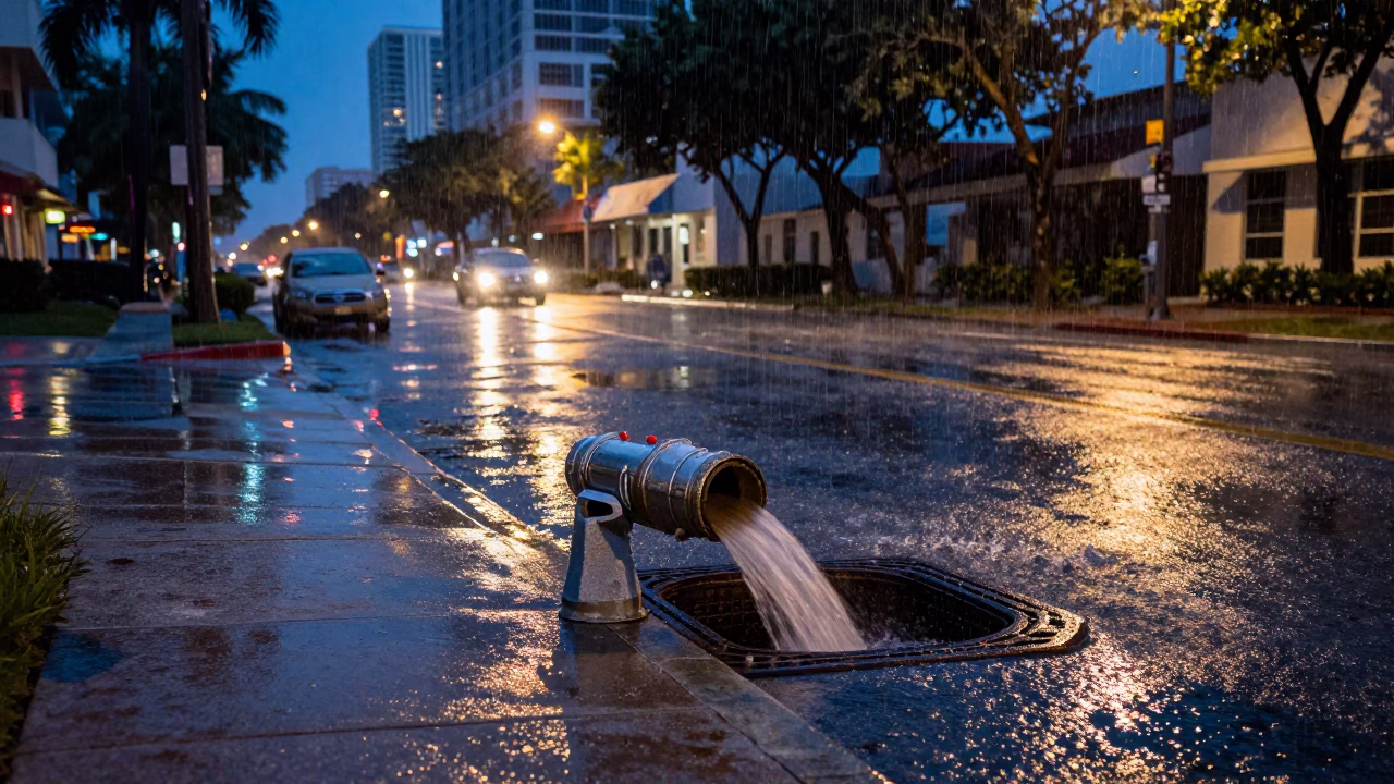 Predawn Miami Street Scene with Storm Drain Outfall Pouring into Swollen River in in Miami, Florida, United States