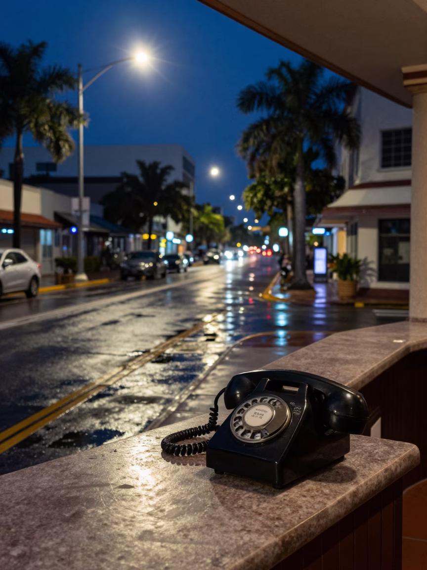 Predawn Miami Street Scene with Vintage Bakelite Telephone and Storm Drain Outfall in in Miami, Florida, United States
