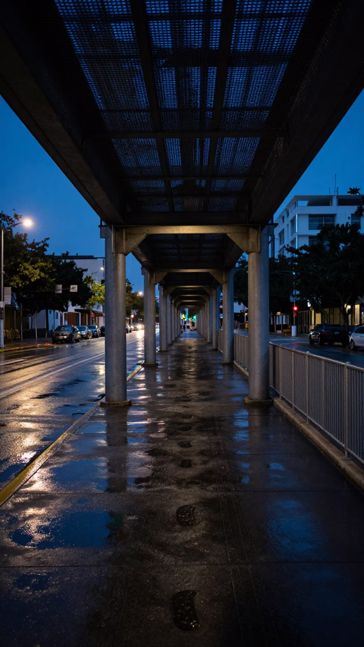 Predawn Miami Street Scene with Wet Footsteps on Perforated Metal Pedestrian Overpass in in Miami, Florida, United States