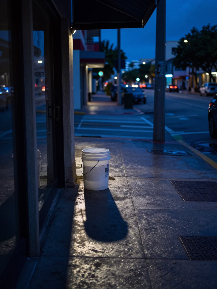 Predawn Miami Street Scene with Wicker Bucket Shadow and Soap Residue in in Miami, Florida, United States