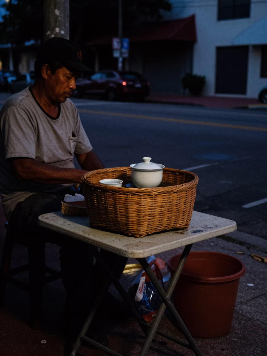 Predawn Miami Street Scene with Woven Basket and Tea Tray in in Miami, Florida, United States