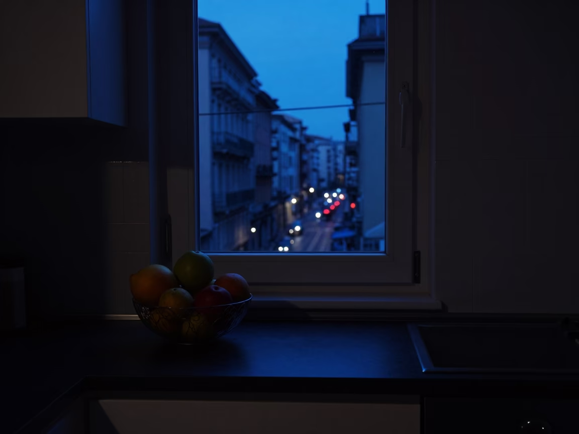 Predawn Milan Apartment Interior with Fruit Bowl and Deadbolt Lock Detail in in Milan, Italy