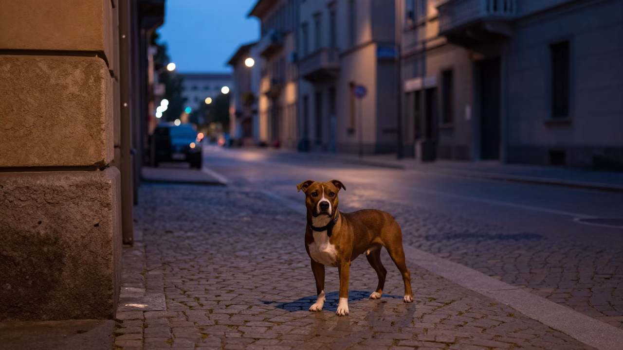 Predawn Milan Italy street scene with American Staffordshire Terrier and latch on historic building in in Milan, Italy
