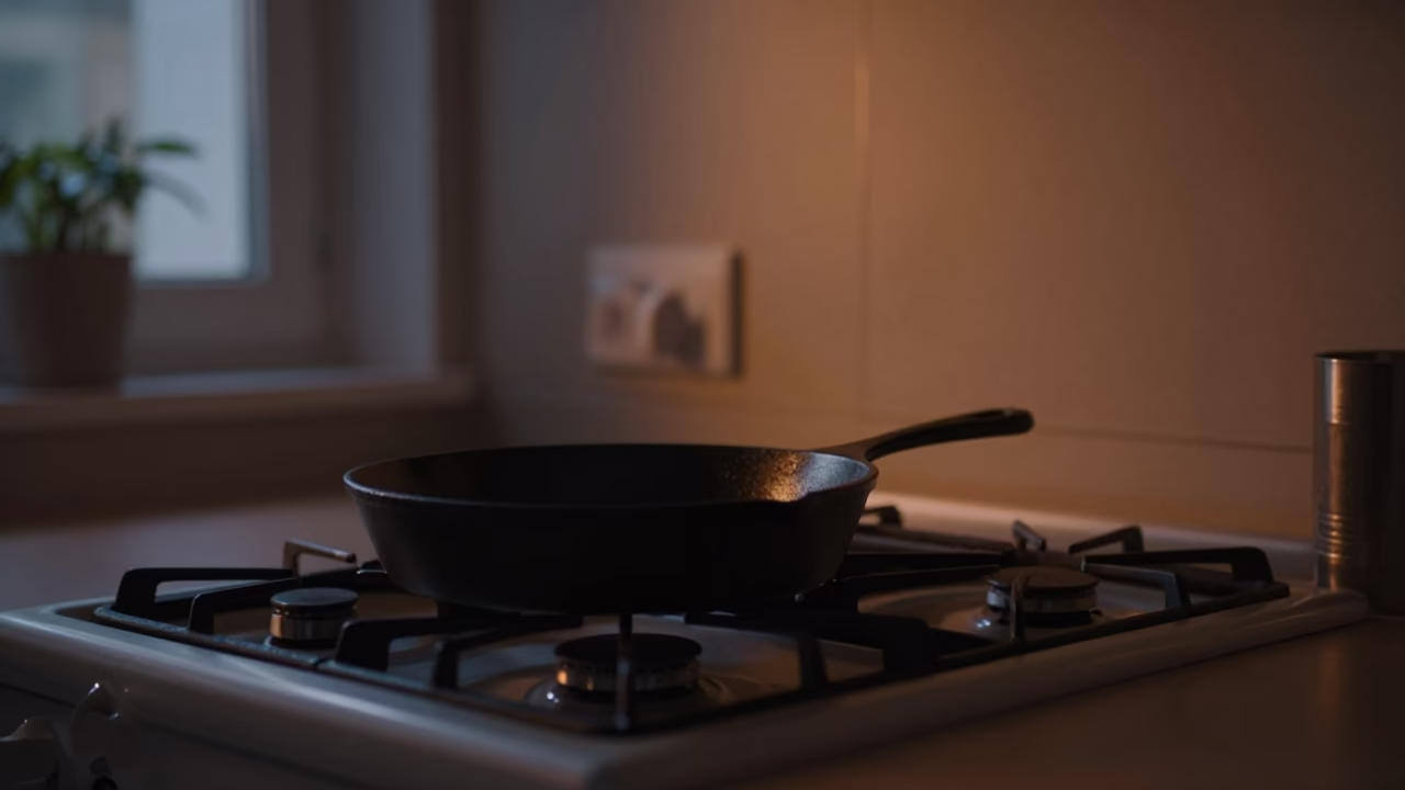 Predawn Milan Kitchen Interior with Cast Iron Skillet and Glass Bottles in in Milan, Italy