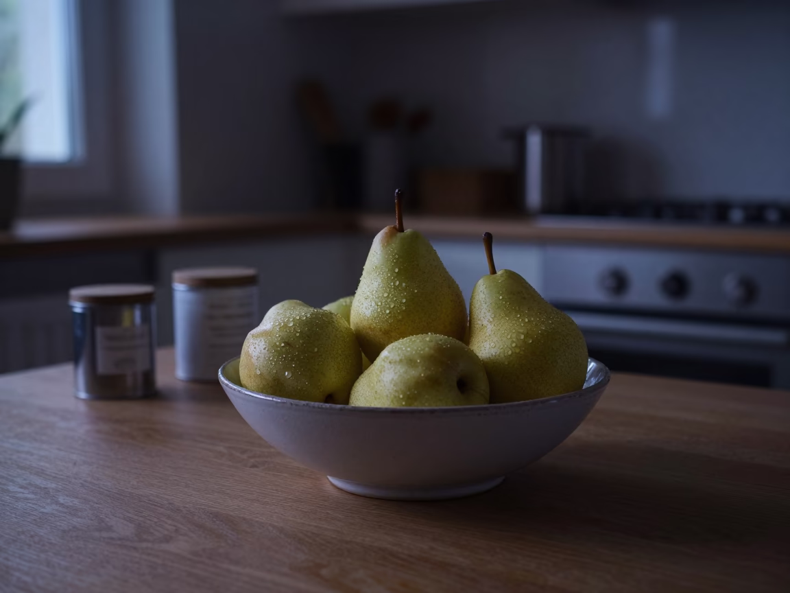 Predawn Milan Kitchen with Fruit Bowl and Canisters in 1990s Italy in in Milan, Italy