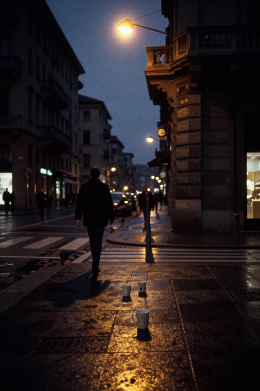 Predawn Milan Street Corner with Coffee Mugs and Glass Bottles in Darkness in in Milan, Italy