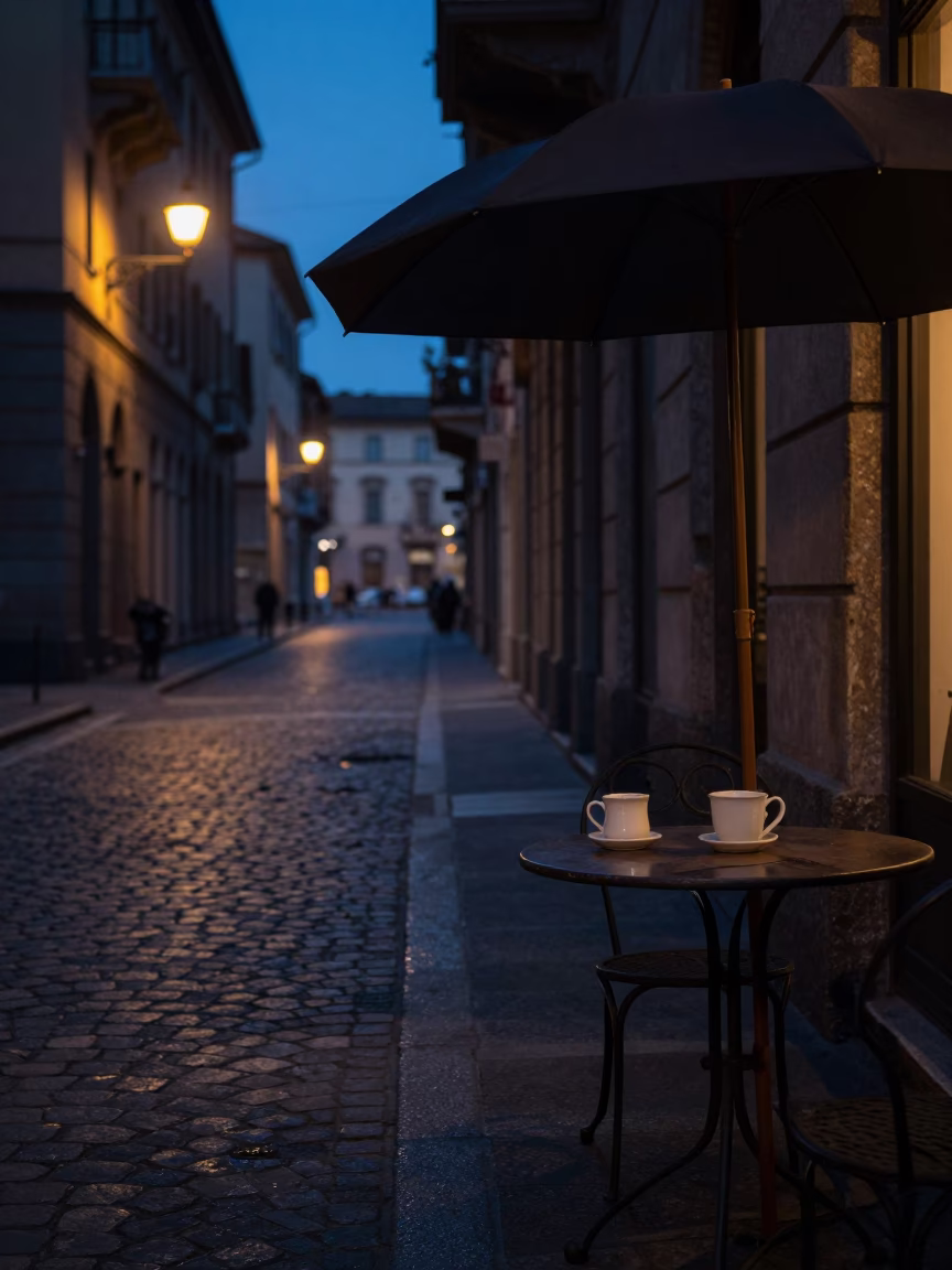 Predawn Milan Street Scene with Ceramic Mugs and Umbrella Stand in in Milan, Italy