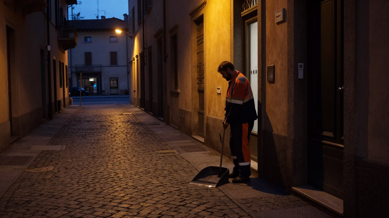 Predawn Milan Street Scene with Dustpan and Grease Sheen on Pitcher Handle in in Milan, Italy