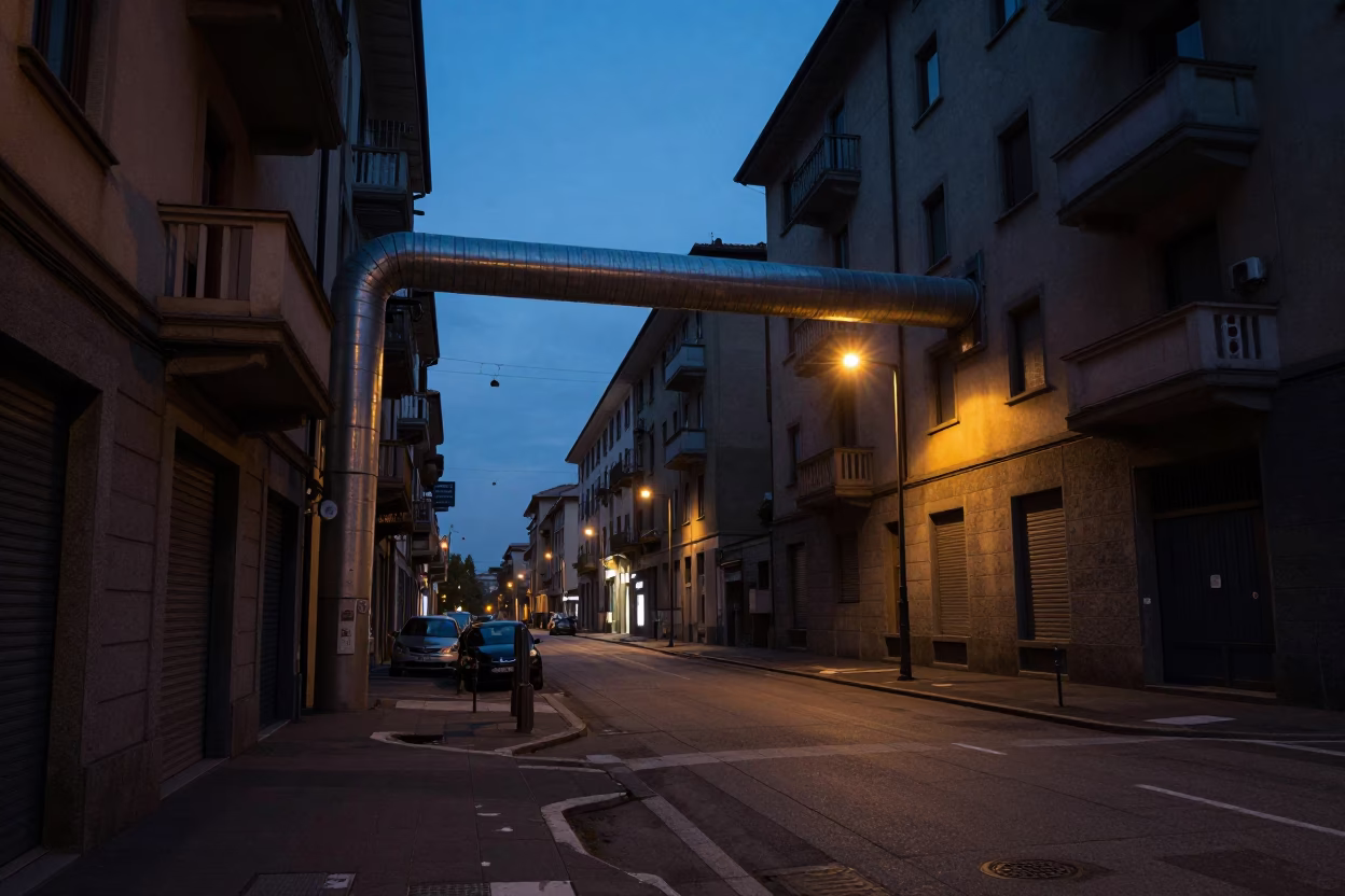 Predawn Milan Street Scene with Glowing Lantern and District Heating Pipes in in Milan, Italy