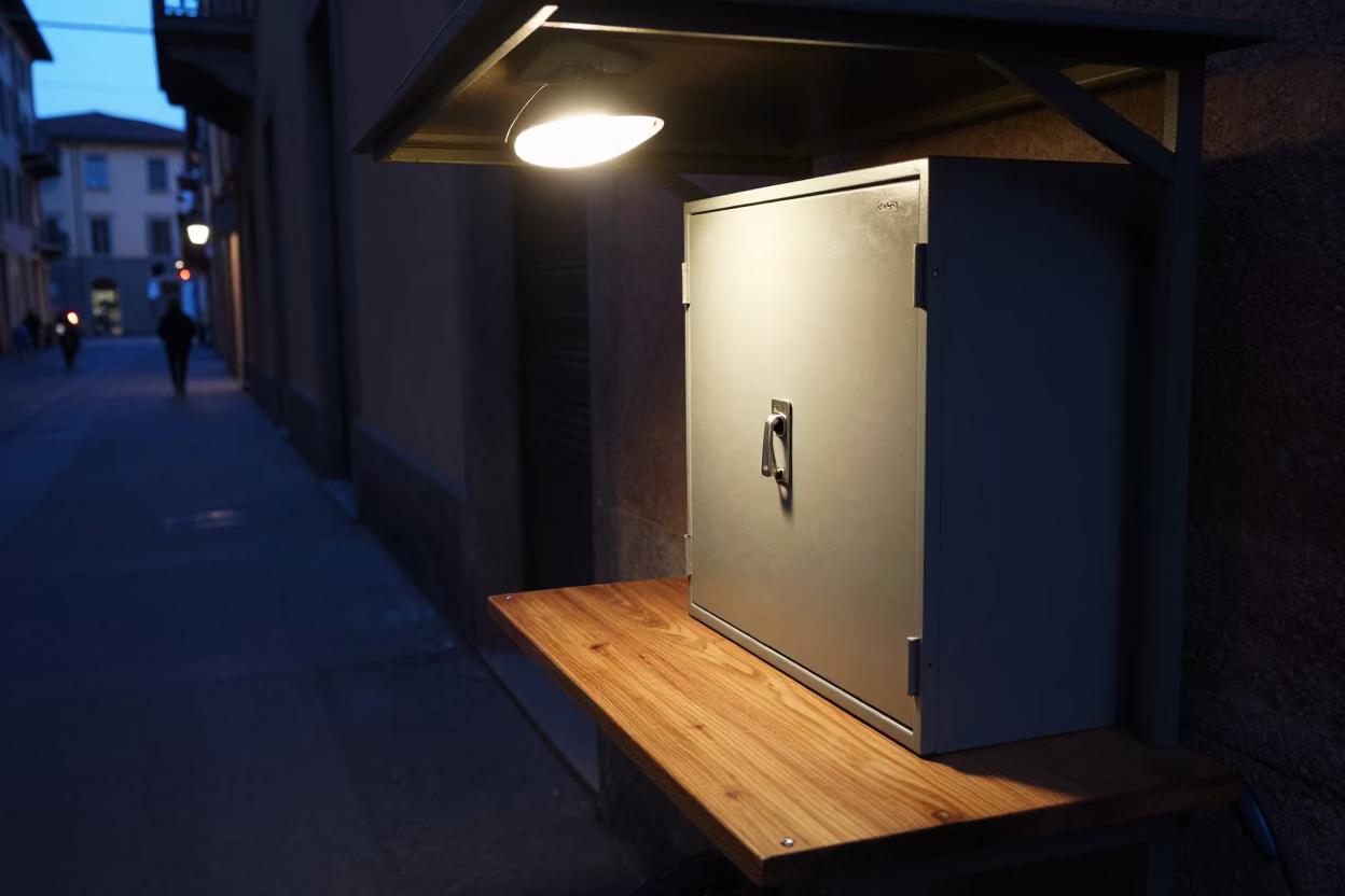 Predawn Milan Street Scene with Lockable Cash Box and Urban Details in in Milan, Italy