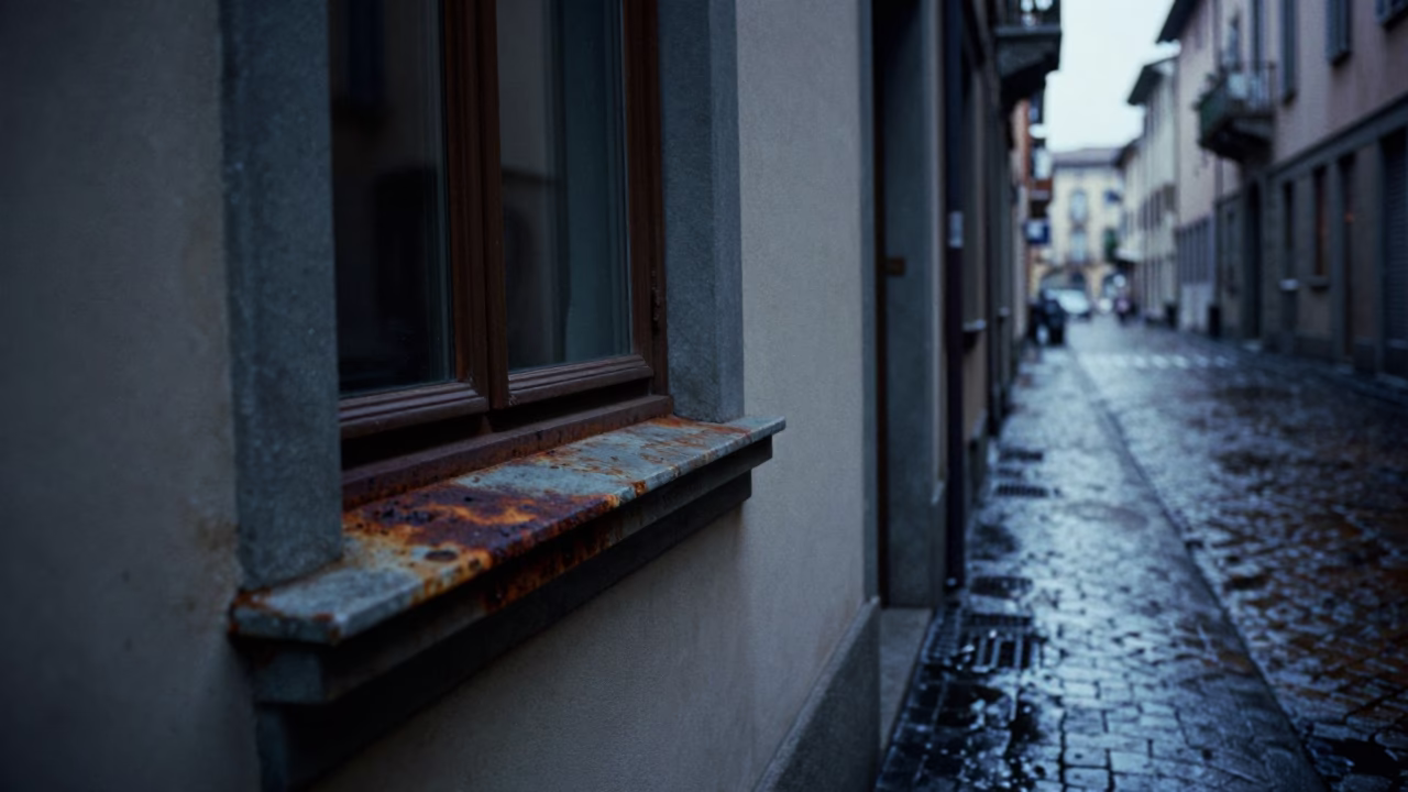 Predawn Milan Street Scene with Rusty Window Sill and Quiet Urban Morning Light in in Milan, Italy