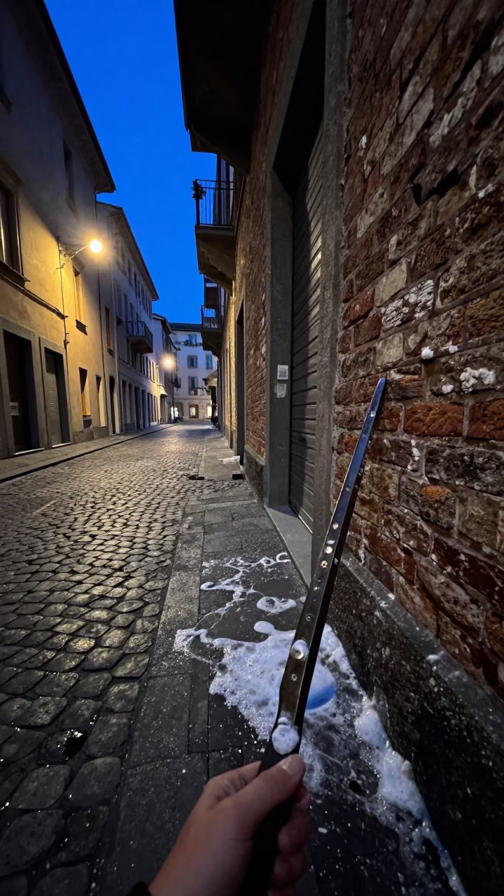 Predawn Milan street scene with soap residue and hand plane on cobblestone in in Milan, Italy