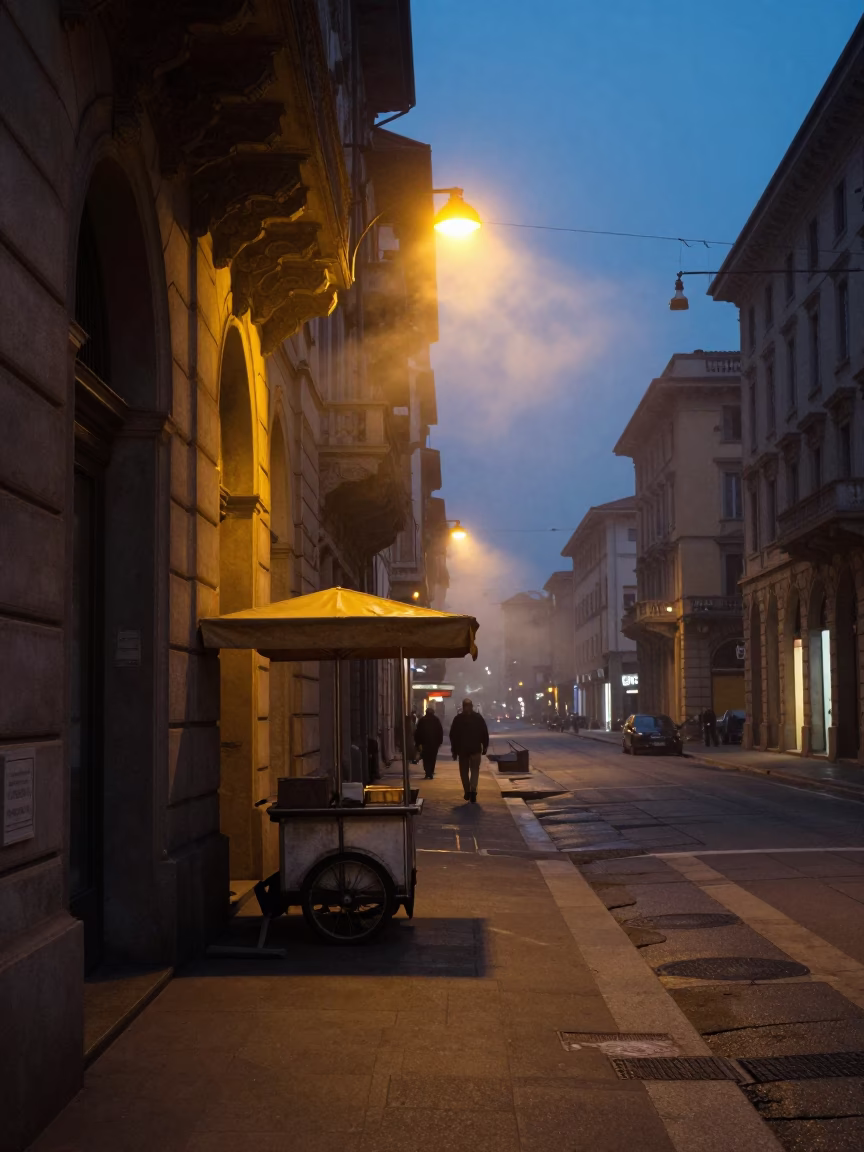 Predawn Milan Street Scene with Steam Haze and Brass Pot Lid in in Milan, Italy