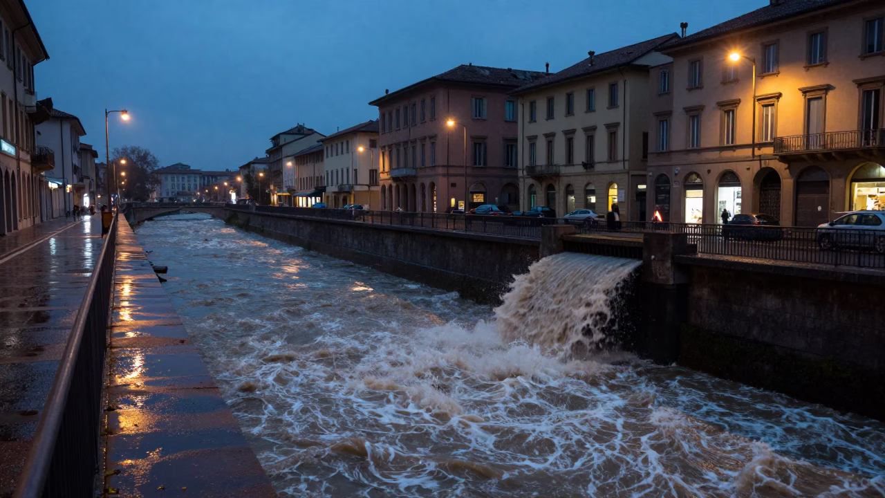 Predawn Milan Street Scene with Storm Drain Outflow and Wet Cobblestone Reflections in Italy in in Milan, Italy
