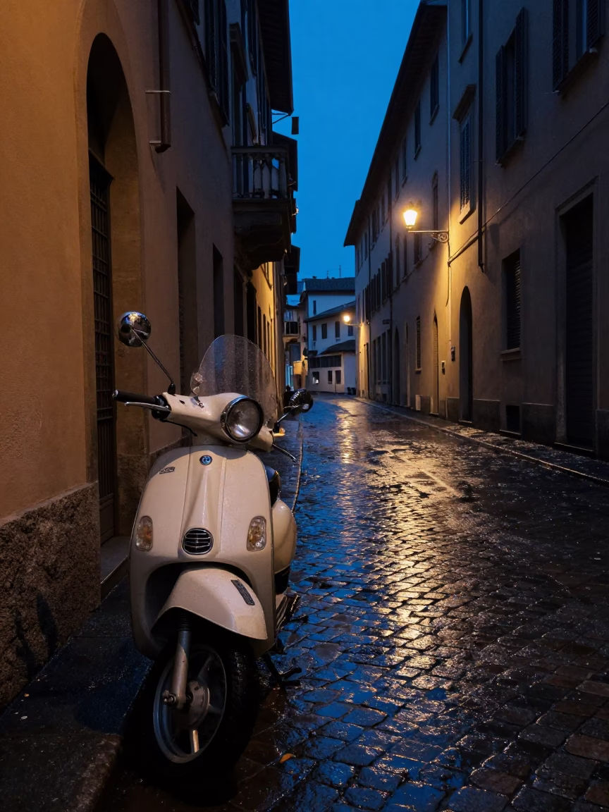 Predawn Milan street scene with vintage motorcycle and wet cobblestones in Italy in in Milan, Italy