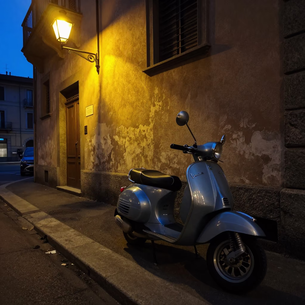 Predawn Milan Street Scene with Vintage Scooter and Neon Sign in in Milan, Italy