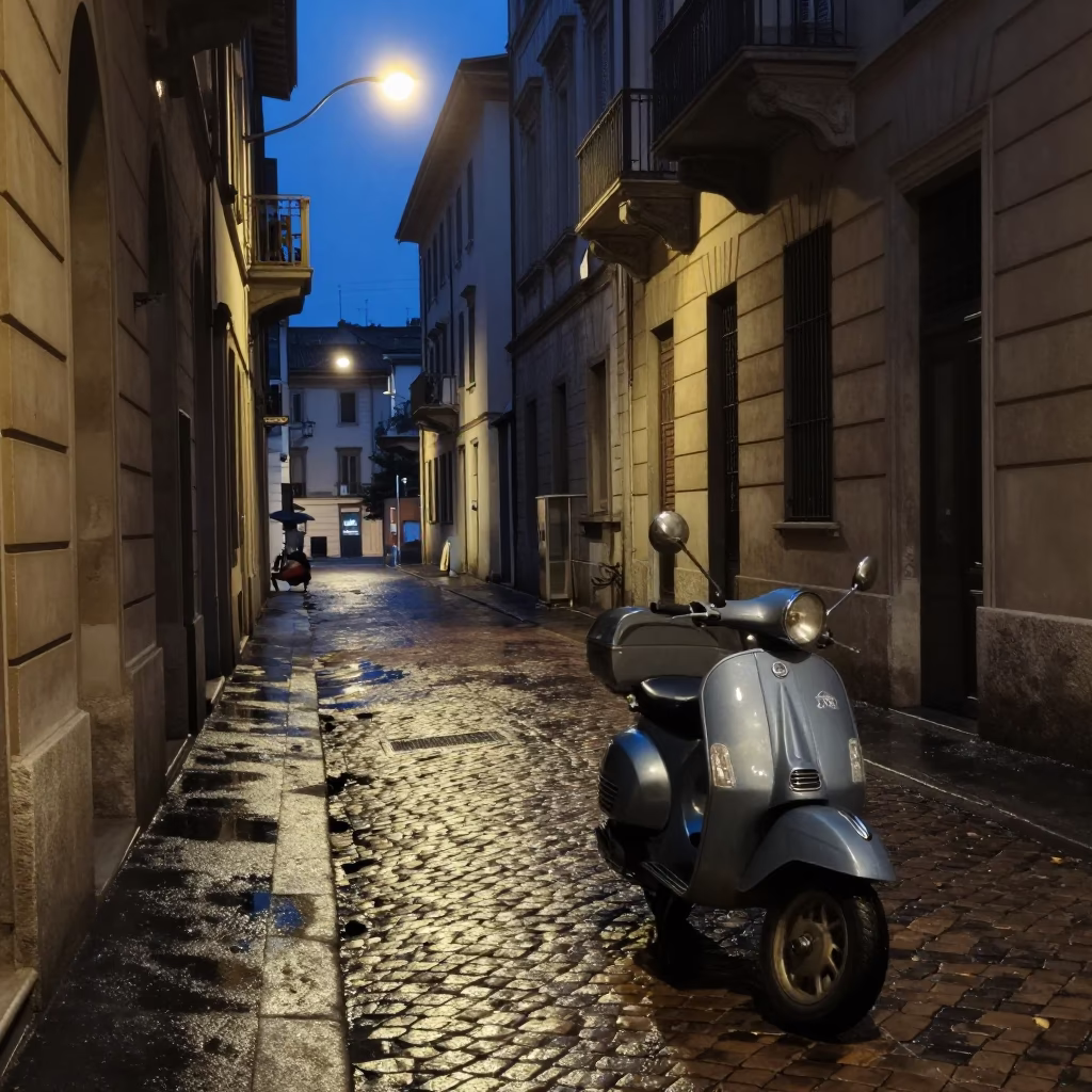 Predawn Milan Street Scene with Vintage Scooter and Urban Infrastructure in in Milan, Italy
