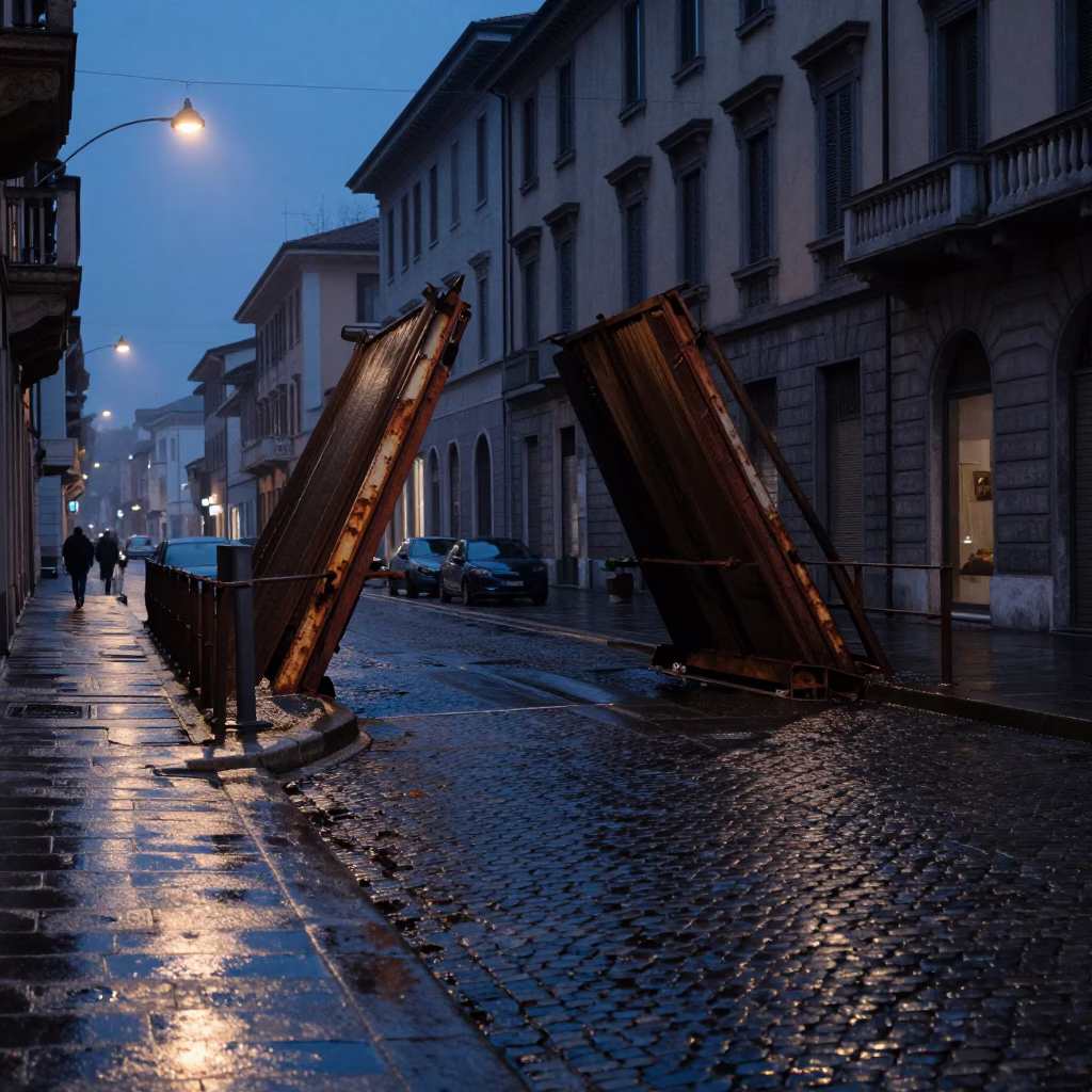 Predawn Milan Street Scene with Wet Cobblestones and Rusted Drawbridge Elements in in Milan, Italy