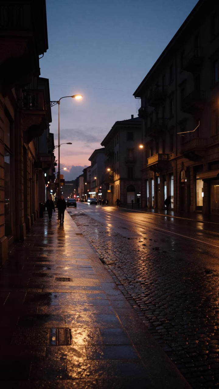 Predawn Milan Street Scene with Wet Pavement and City Lights in Italy in in Milan, Italy