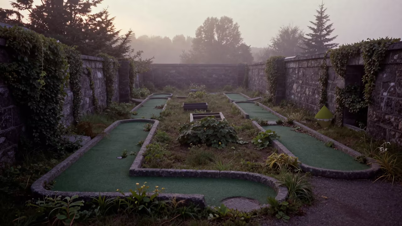 Predawn Mist Over Abandoned Miniature Golf Course in beside ivy-draped masonry in Newfoundland
