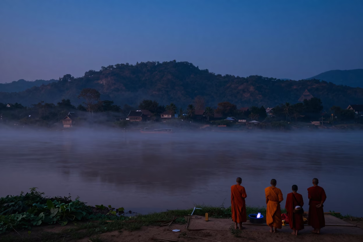 Predawn Mist Along Mekong River in Luang Prabang Laos with Monks and Traditional Boats in in Luang Prabang, Laos