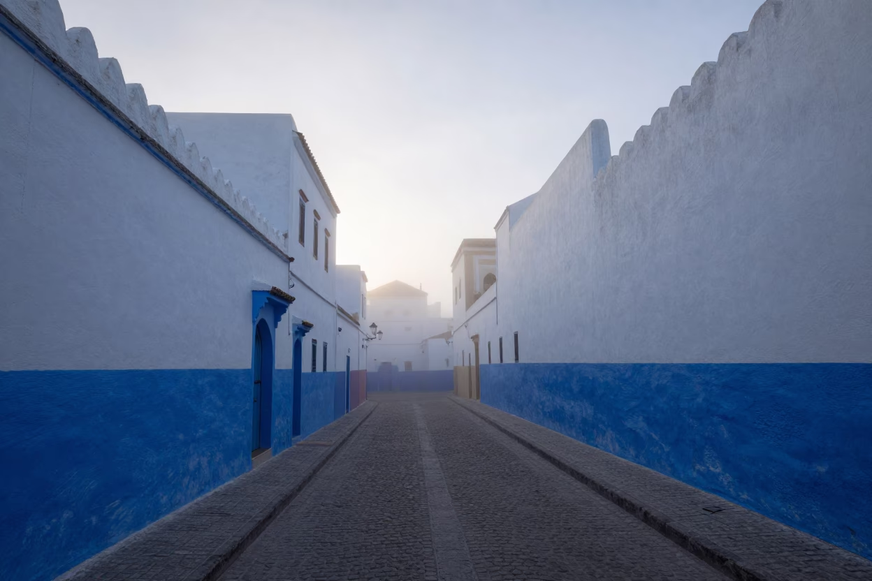 Predawn Mist and Blue Walls of Essaouira Medina with Local Vendor and Wooden Cart in in Essaouira, Morocco