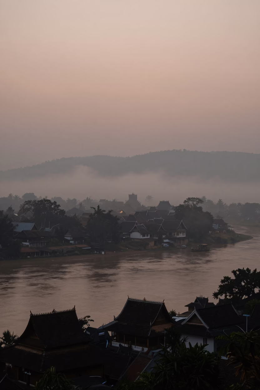 Predawn Mist in Luang Prabang at The Predawn Darkness Light in in Luang Prabang, Laos