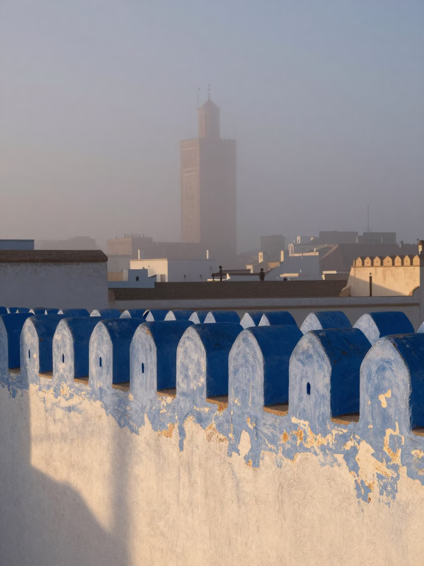Predawn Mist on Essaouira Skyscrapers with Condensation on Weathered Plaster Walls in in Essaouira, Morocco