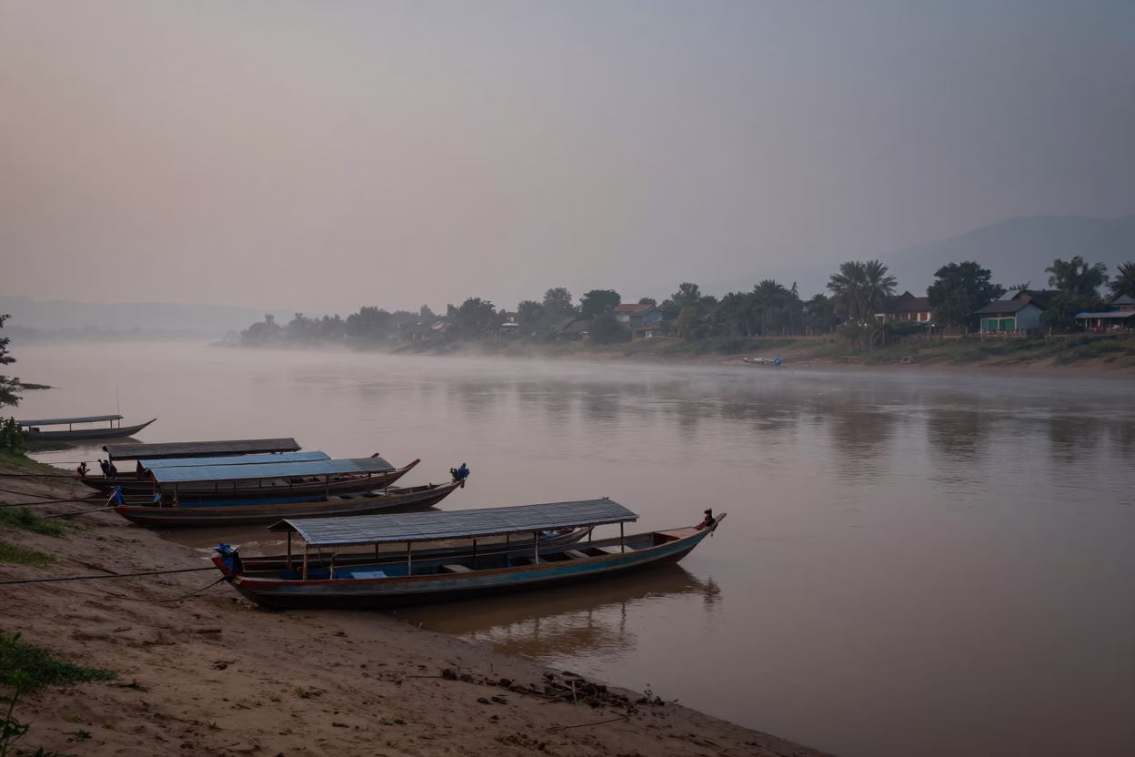 Predawn Mist on Mekong River in Luang Prabang Laos With Traditional Wooden Longtail Boats in in Luang Prabang, Laos
