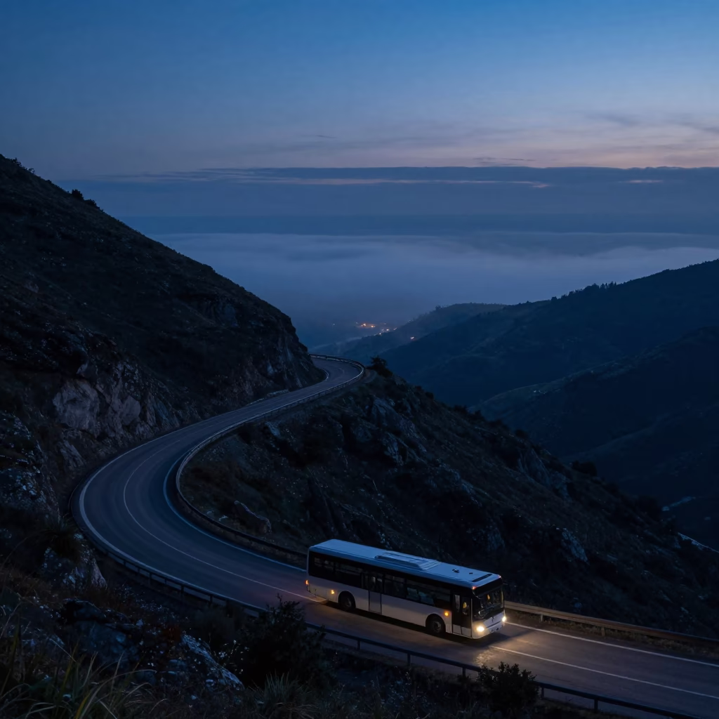 Predawn Mist Over Nice France Horizon Shot with Winding Mountain Highway and Classic Bus in in Nice, France