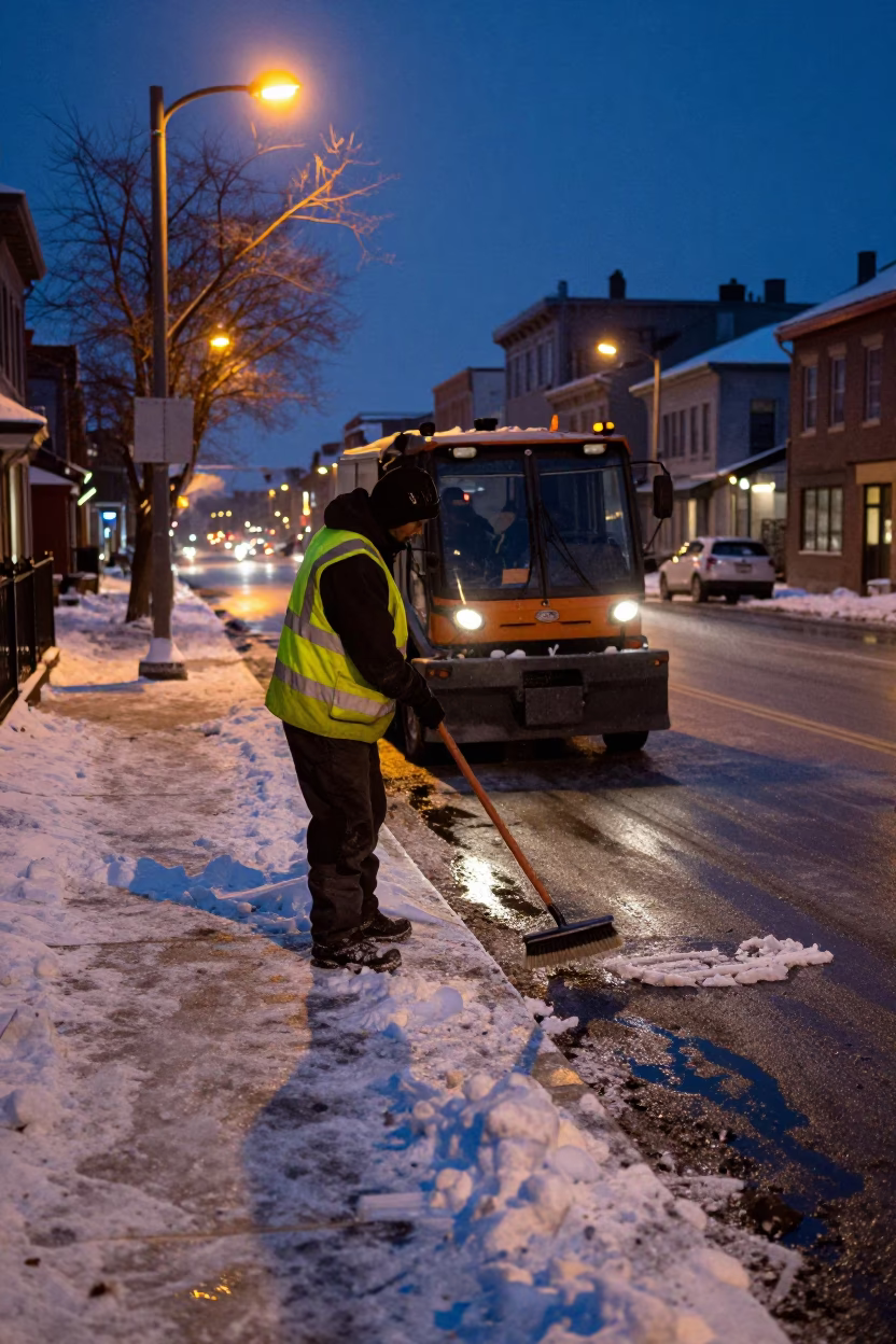 Predawn Montreal Street Cleaning with Scrub Brush and Icebreaker Tools in in Montreal, Quebec, Canada