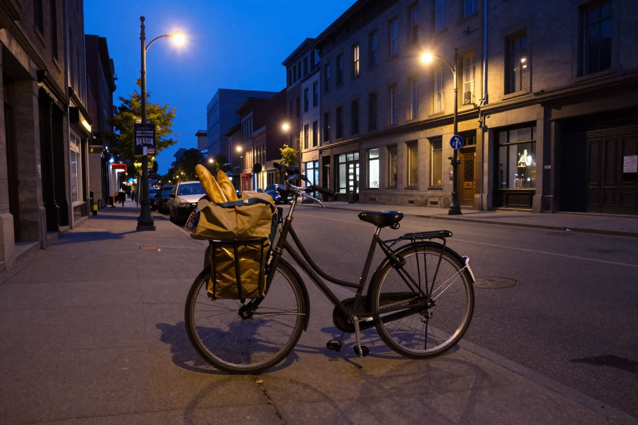Predawn Montreal Street Scene with Bicycle and Urban Infrastructure in in Montreal, Quebec, Canada